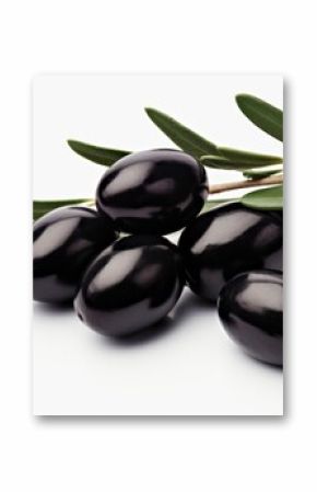 Fresh black olives with leaves on a white background, creating a simple yet elegant composition