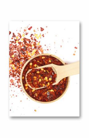  Spicy chili red pepper flakes, chopped, milled dry paprika pile in wooden sppon isolated on white, top view 