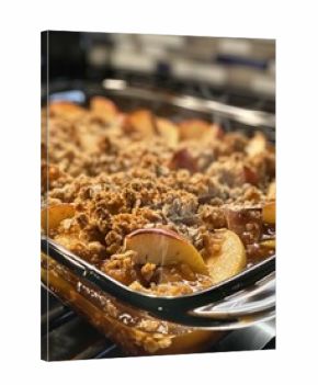 Steaming hot apple crisp fresh out of the oven with a crispy oat and cinnamon topping.