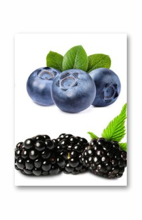 Various berries and green leaves isolated on white, set