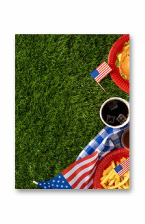 Labor Day and Independence Day celebration with American food, including hamburgers, hot dogs, fries, and flags, on a picnic setting representing patriotism