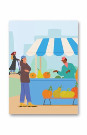 Crowd of people characters doing shopping at autumn farm market in city park during harvest festival