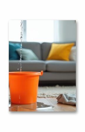 Water drips from ceiling into orange plastic bucket on wooden floor. Leaking roof causes water damage and household problem. Wet cloth lies nearby. Focus on indoor leak disaster.