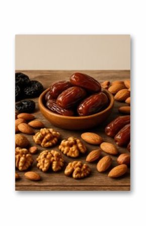 A variety of dried fruits and nuts displayed on a wooden tabletop