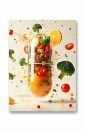 Conceptual image power of fruits, vegetables in capsule form. Contains orange, broccoli, tomatoes, cucumber. Fresh ingredients for better health. Healthy eating concept. Vitamins for immune,