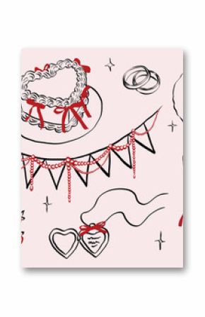 Hand drawn coquette wedding elements. Vintage cute symbols with ribbon and bow in simple crayon sketch style. Trendy art for Valentine day and bachelorette invitations. Retro vector illustration