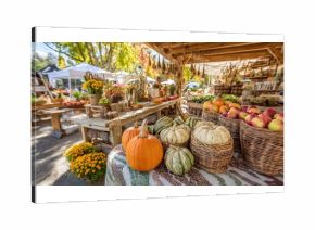 Bountiful Harvest Display at a Local Farmers Market Featuring Pumpkins, Gourds, Apples, and Vibrant Flowers in Autumn