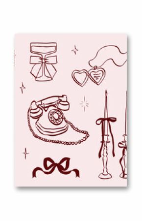 Hand drawn coquette wedding elements. Vintage cute symbols with ribbon and bow in simple crayon sketch style. Trendy art for Valentine day and bachelorette invitations. Aesthetic vector illustration