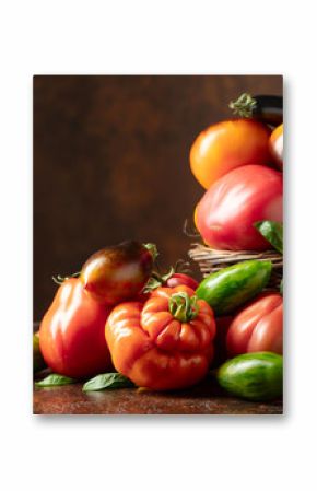 Different varieties of tomatoes on a brown background.