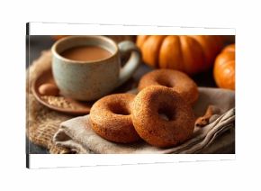 A kitchen flat lay with baked pumpkin donuts, nutmeg, and ceramic mug of cider