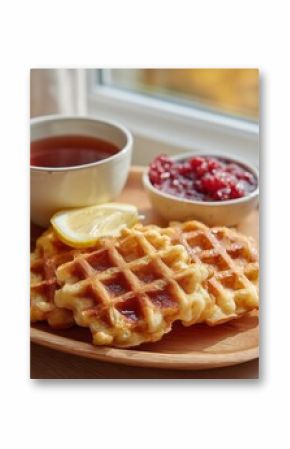 Breakfast tray with waffles, cranberry compote, and tea by window in autumn light