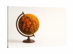 Globe filled with autumn forest on white background with soft lighting and empty space for text creative concept for education travel and ecology