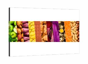 Collage of photos of fresh fruits, vegetables and food. Textured bright macro photos of fresh products. Wide banner.