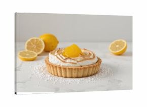 Lemon curd tart topped with fluffy meringue. Citrus dessert delight.
