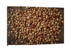 Rustic table display featuring a mix of walnuts and peanuts