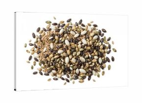 Top view of a heap of mixed seeds including sunflower, sesame, linseed, and pumpkin on a white background