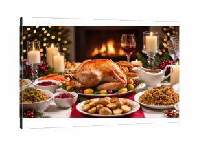 Christmas holiday dinner with roasted turkey, vegetables, side dishes, and wine served on decorated table near glowing fireplace.