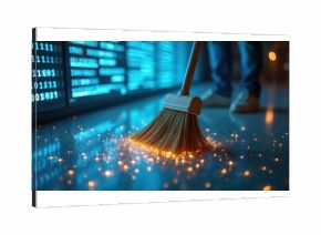 Broom sweeps digital data, cleaning floor with binary code. Concept of tech cleanup, system maintenance, and virus removal in cyberspace. Bright sparks suggest innovation and data security solutions.