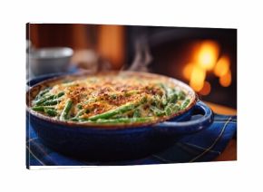 Delicious green bean casserole with crispy topping served in a blue dish, steaming hot, placed on a cozy table near a warm fireplace, inviting comfort food experience