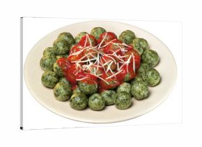 prato com nhoque de espinafre ao molho de tomates fresco e queijo parmesão isolado em fundo transparente