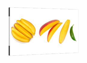 mango slices in ceramic bowl isolated on white background. Top view. Flat lay