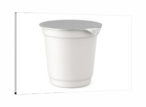 White plastic yogurt cup with partially peeled foil lid, isolated on transparent background, ready for your design