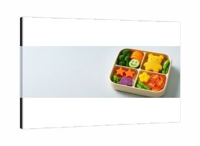 Cute healthy bento box with vegetables shaped like stars, flowers, smiley face and bear on light background with copyspace on left side. Ai generative