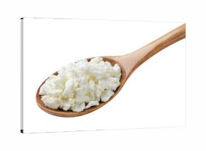 Cottage cheese in a wooden spoon close-up on a white. Isolated