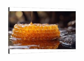 Golden honey cascades from a fresh honeycomb glistening as it drips onto a reflective surface