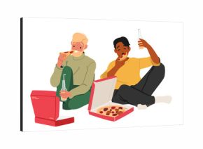 Relaxed guys cartoon characters eating pizza together drinking beverages sharing good mood