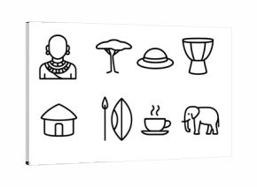 Kenyan Culture and Nature Icons. Outline icon set of Kenyan culture: Maasai warrior, Acacia tree, Safari hat, African drum,