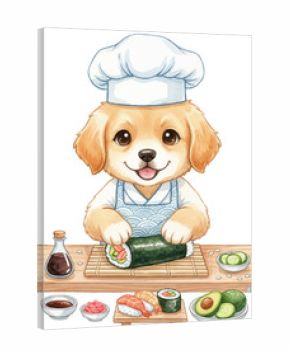 Cute dog making sushi vector illustration. Cartoon dog wearing a chef hat and apron prepares sushi on a wooden board. The character is surrounded by ingredients and a soy sauce bottle.