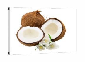 Whole and halved coconuts with delicate white flowers on a black background