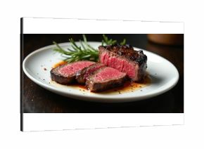 Perfectly plated, juicy ribeye steak, medium-rare cooked, served with savory sauce, rosemary sprig on white plate. Delicious beef meal, gourmet dinner, epicurean lunch. Rich texture, appealing