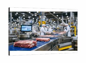 Automated meat processing line in a modern food factory, stainless steel machines gleaming under bright lights, workers in white coats and hairnets monitoring operations