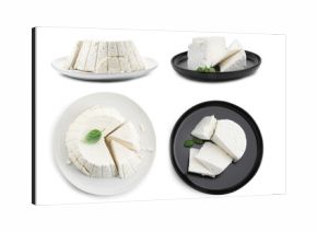 Delicious ricotta cheese isolated on white, collage. Top and side view