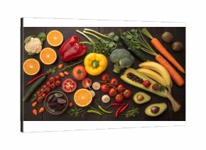 Colorful assortment of fresh fruits and vegetables including oranges, tomatoes, peppers, bananas, broccoli, and carrots arranged in a vibrant display. 