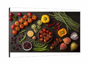 Colorful assortment of fresh fruits and vegetables including oranges, tomatoes, peppers, bananas, broccoli, and carrots arranged in a vibrant display. 