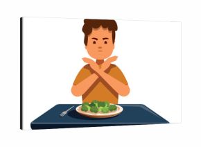 Child refusing to eat healthy vegetables crossing his arms, bad food diet for kids