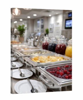 Hotel buffet breakfast with various food and drinks displayed.