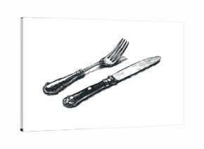 Vintage fork and knife on transparent background image. Vector hand drawn illustration
