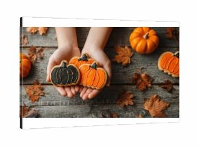 Child's Hands Holding Festive Pumpkin Cookies on Rustic Wood Background, Autumnal Treat, Halloween or Thanksgiving