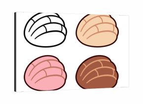 Concha, traditional Mexican sweet bread (pan dulce) set. Black and white line icon, chocolate, strawberry and vanilla flavors. Simple cartoon vector illustration.