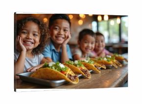 Joyful children smile at tacos in casual eatery. Group enjoys delicious mexican meal together. Youngsters share tasty food, making happy memories. Friends dine, celebrate, laugh, enjoying lunch,