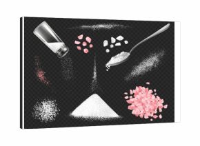 Sea salt powder. Pink and white salt grains with spoon, salt shaker. Scattered salty kitchen natural mineral, spice pile, food ingredient. Vector realistic isolated set.
