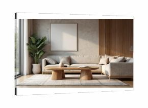 Bright living room with large window and comfy sofa. Natural wood table and neutral tones create calm, cozy atmosphere. Minimalist decor includes plant and empty picture frame on wall.