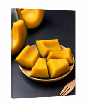 Steamed Japanese pumpkin or Kabocha on plate ready to eating, Healthy food