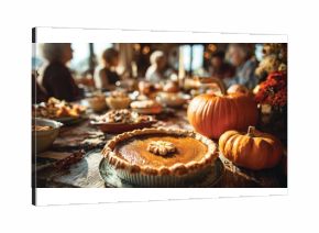 Thanksgiving festive dinner with homemade pumpkin pie, happy people around the table, eating and celebrating holiday together