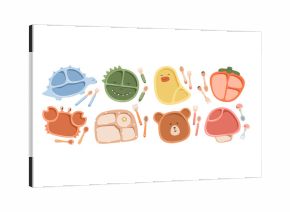 Kids tableware set. Baby utensils, silicone plates for food, forks, spoons. Kitchen dish, animal shape, cutlery, dishware for children feeding. Flat vector illustrations isolated on white background.