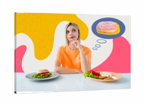Art sketch 3d image full collage of minded girl sit table think decision burger vs meat rice sweet donut nutrition dessert junk diet